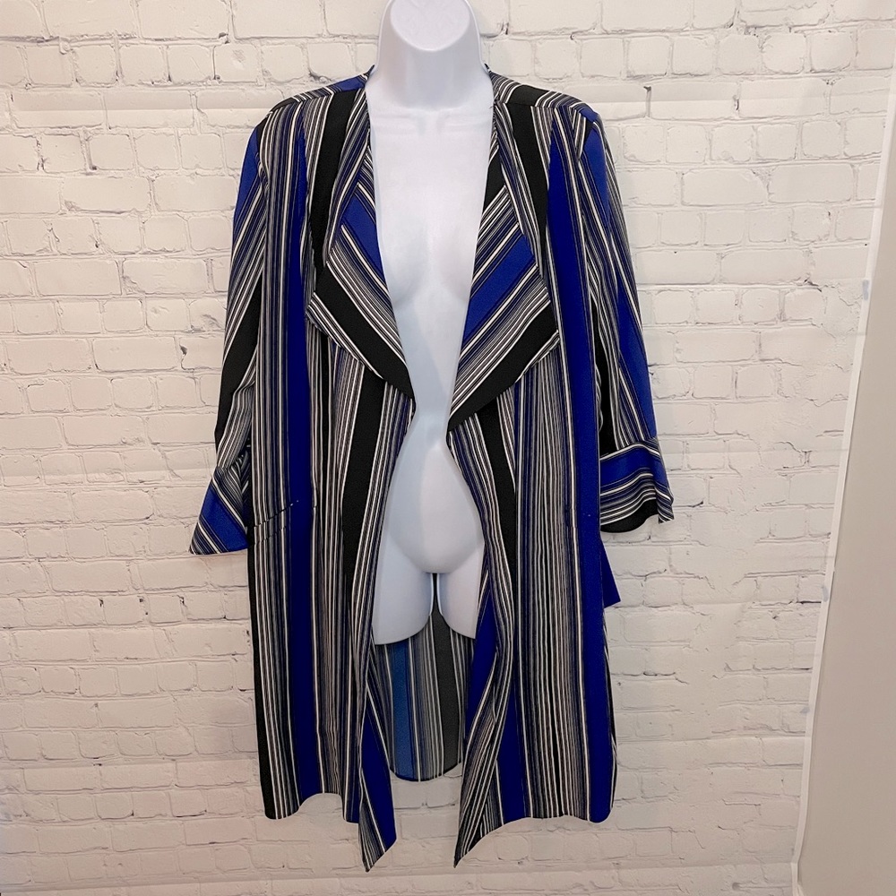 NWT Nygard Blue, Black & White Striped Duster Cardigan with Flare Wrist Sz M